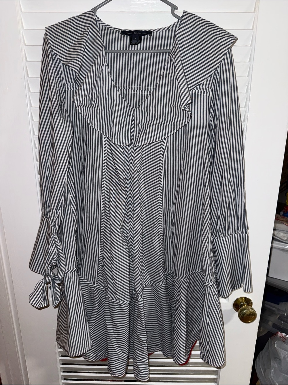 French Connection Navy and White Striped Ruffle Dress